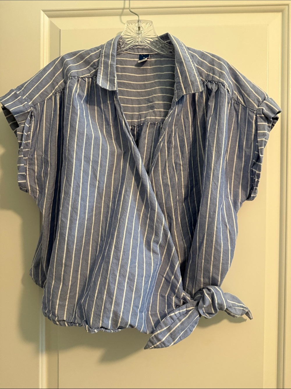 Old Navy Blue & White Striped Waist Tie Button Front Shirt Top-size XL